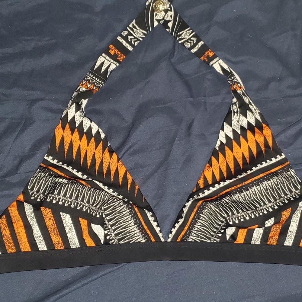 Balmain Black and Orange Geometric Bikini Top